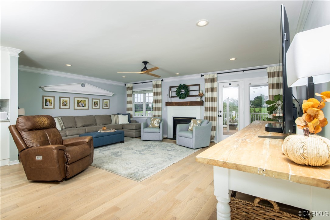 Living room with new hardwood floors, recessed lig